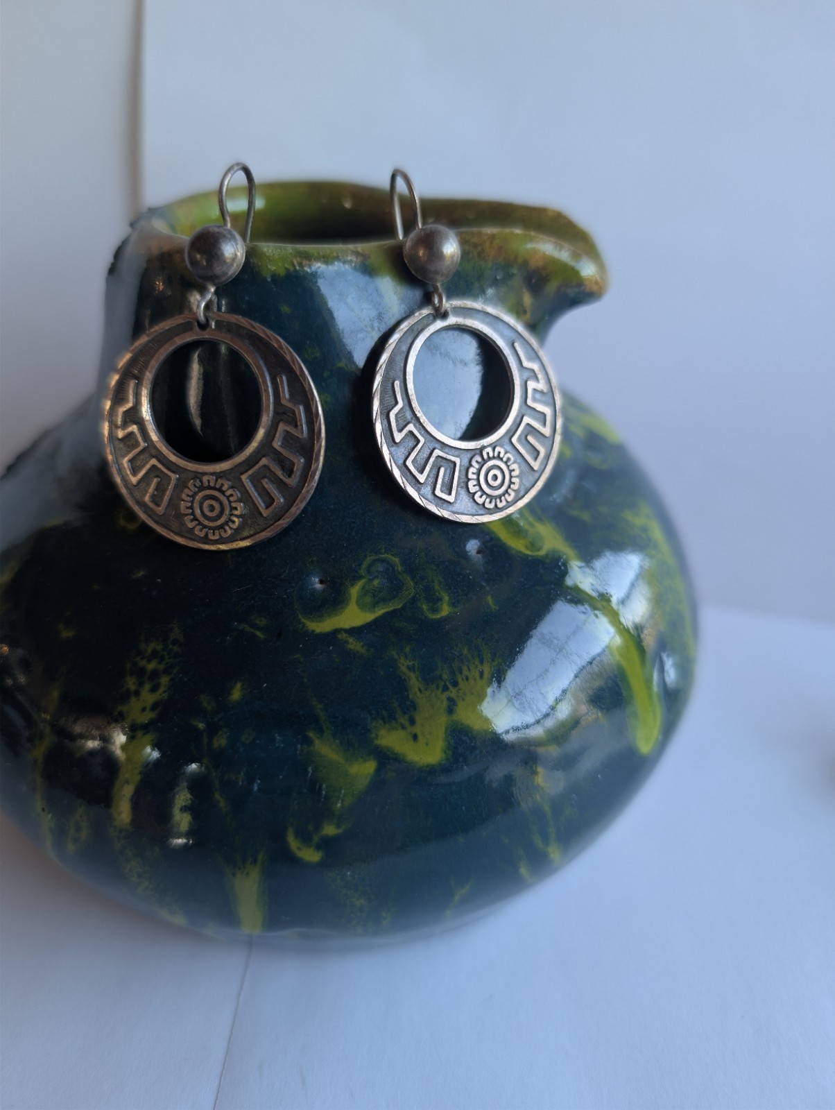 Vintage Taxco Mexico Sterling Silver 925 Geometric Flower Inset Drop Earrings