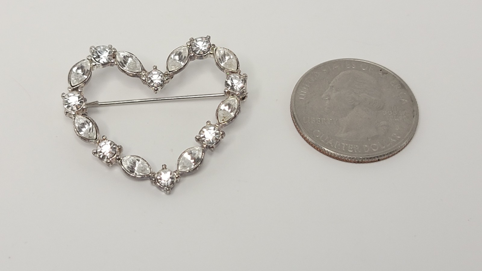 Navette & Round Rhinestones Heart Shaped Brooch Pin Silver Tone