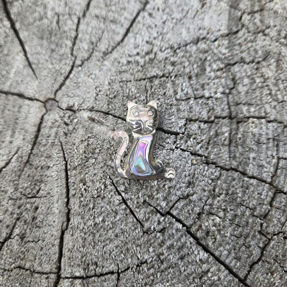 Taxco Cat Brooch Pin Abalone Shell Sterling Silver Vintage Jewelry Cute Retro