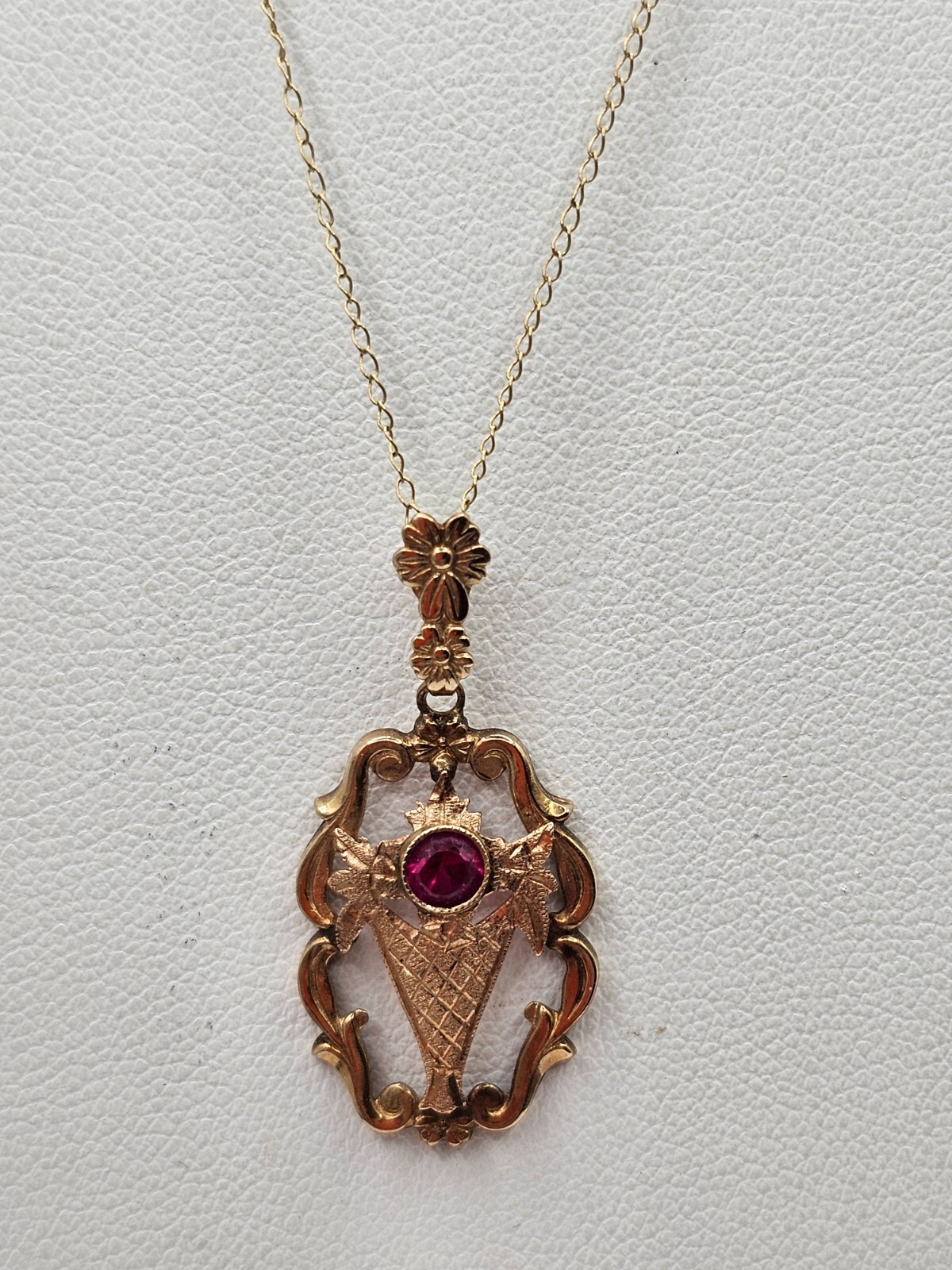 Antique 10k gold garnet Emco lavalier style pendant necklace art deco floral