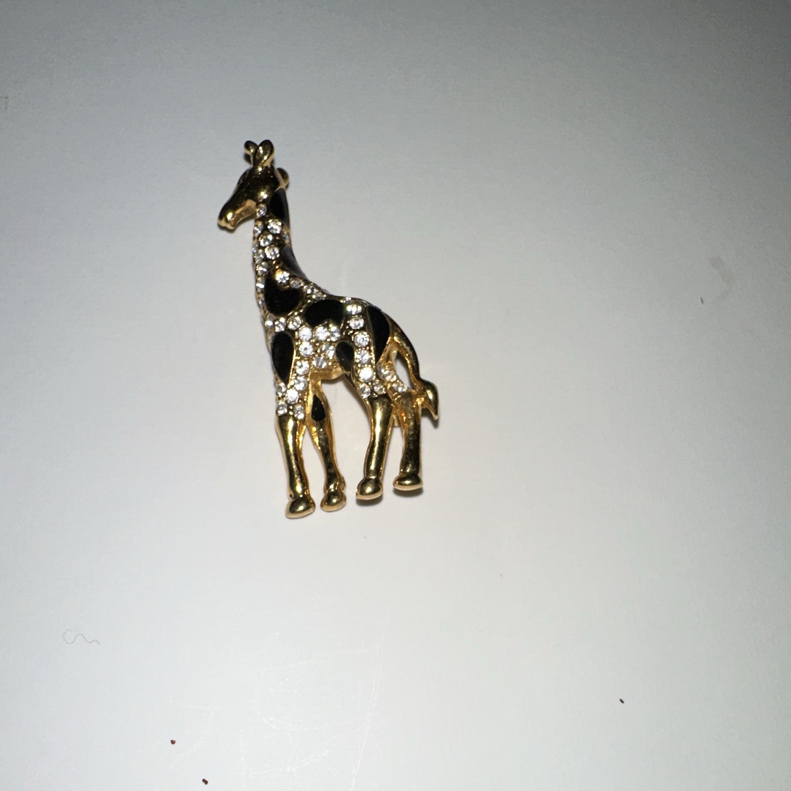 Vintage Gold Tone Giraffe Brooch Pin_Black Enamel_Pavé Rhinestone