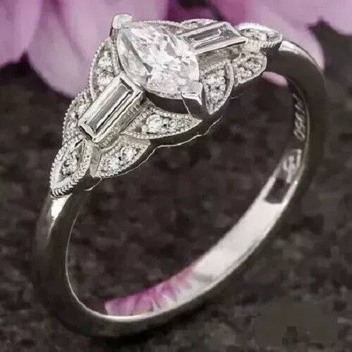 3Ct Art Deco Vintage Style Lab-Created Diamond Wedding 14K White Gold FN Ring