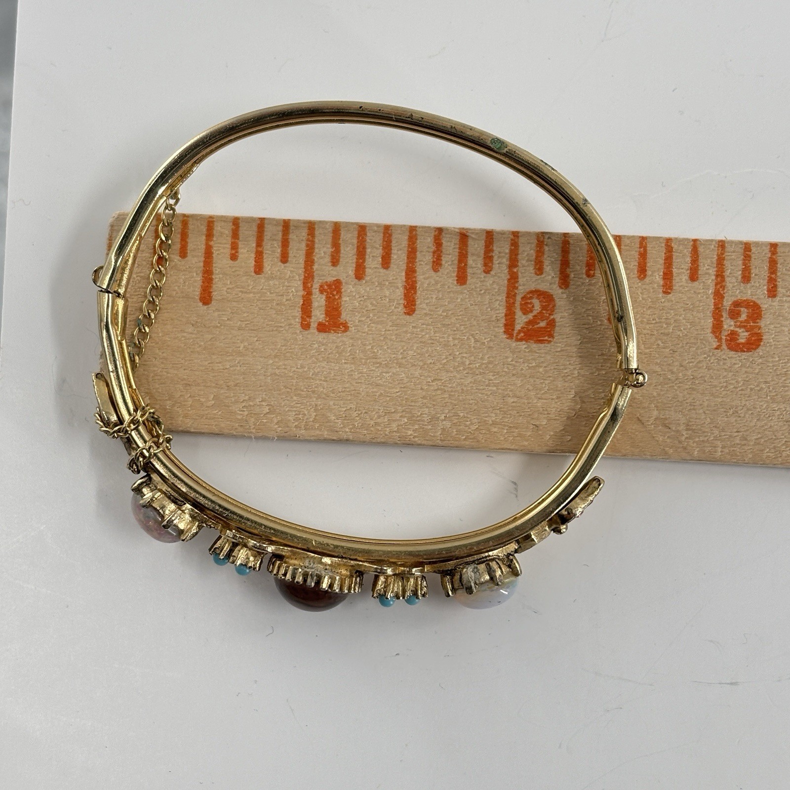 Vintage Florenza Bracelet Bangle Goldtone Filigree Safety Chain Faux Opal