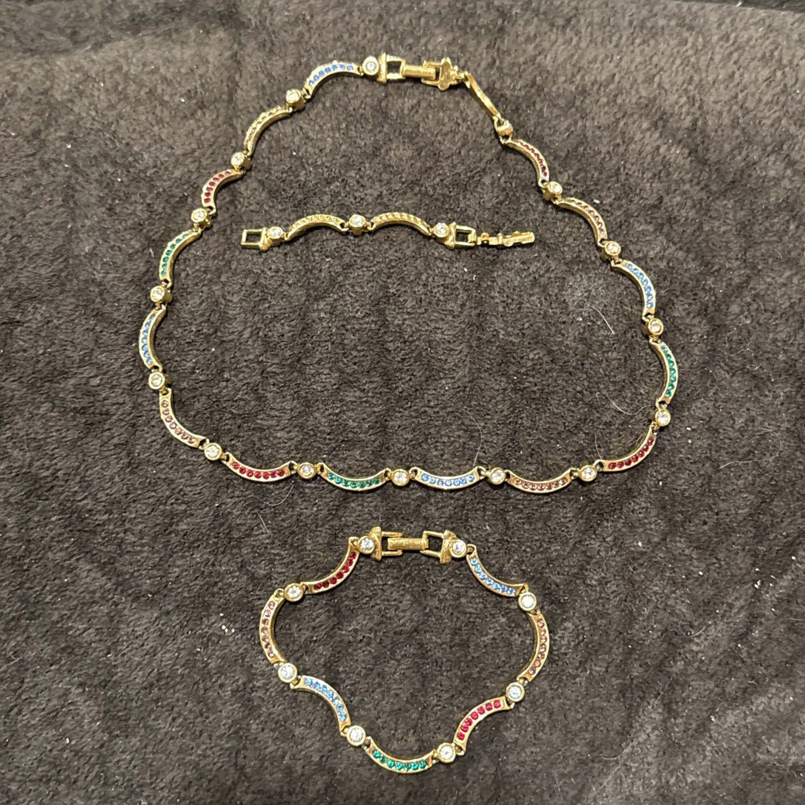 Necklace & Bracelet Multicolor Rhinestone Curved Bar Link Colorful Wave Set