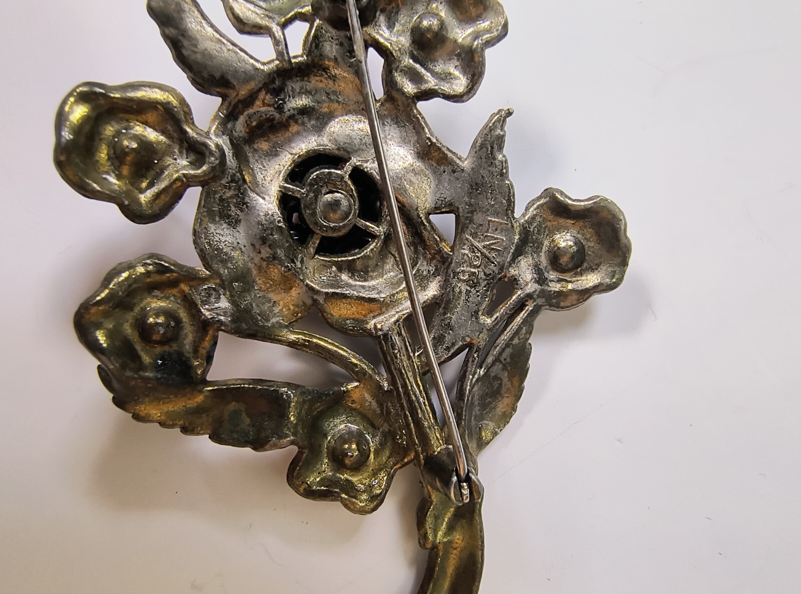 Vintage Little Nemo L/N 25 Floral Brooch Orange Rhinestones Bronze Tone