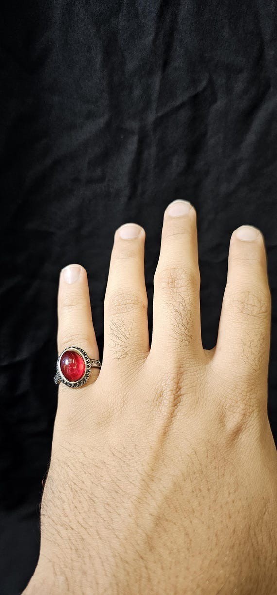 Art Deco Antique Red Agate Ring – Silver Plated Ring Size – sizeable