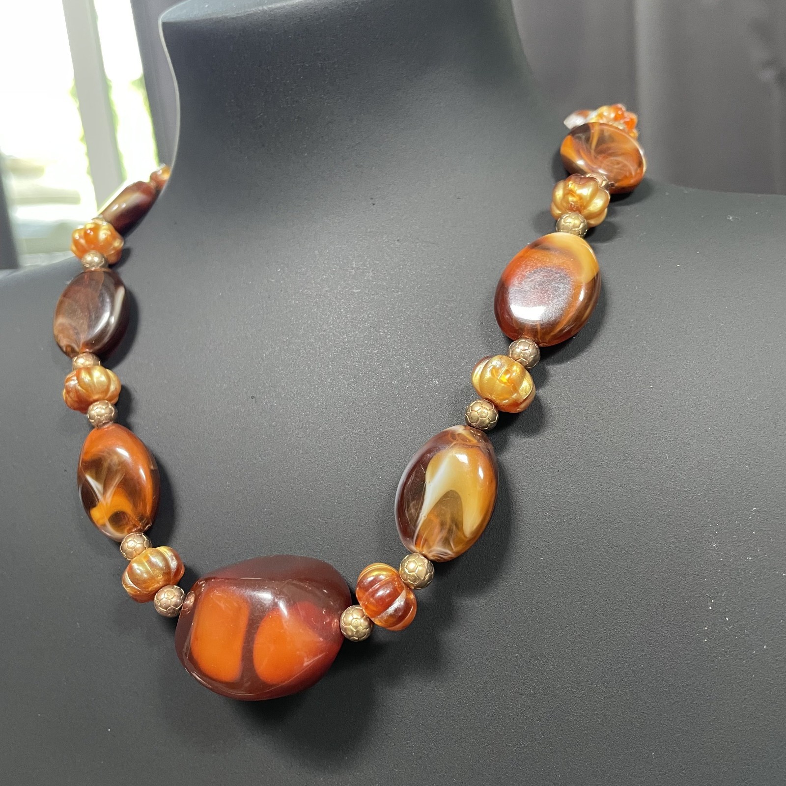 Vintage Napier Geometric Multi Color Agate Stone & Gold Tone Beads Necklace 18″