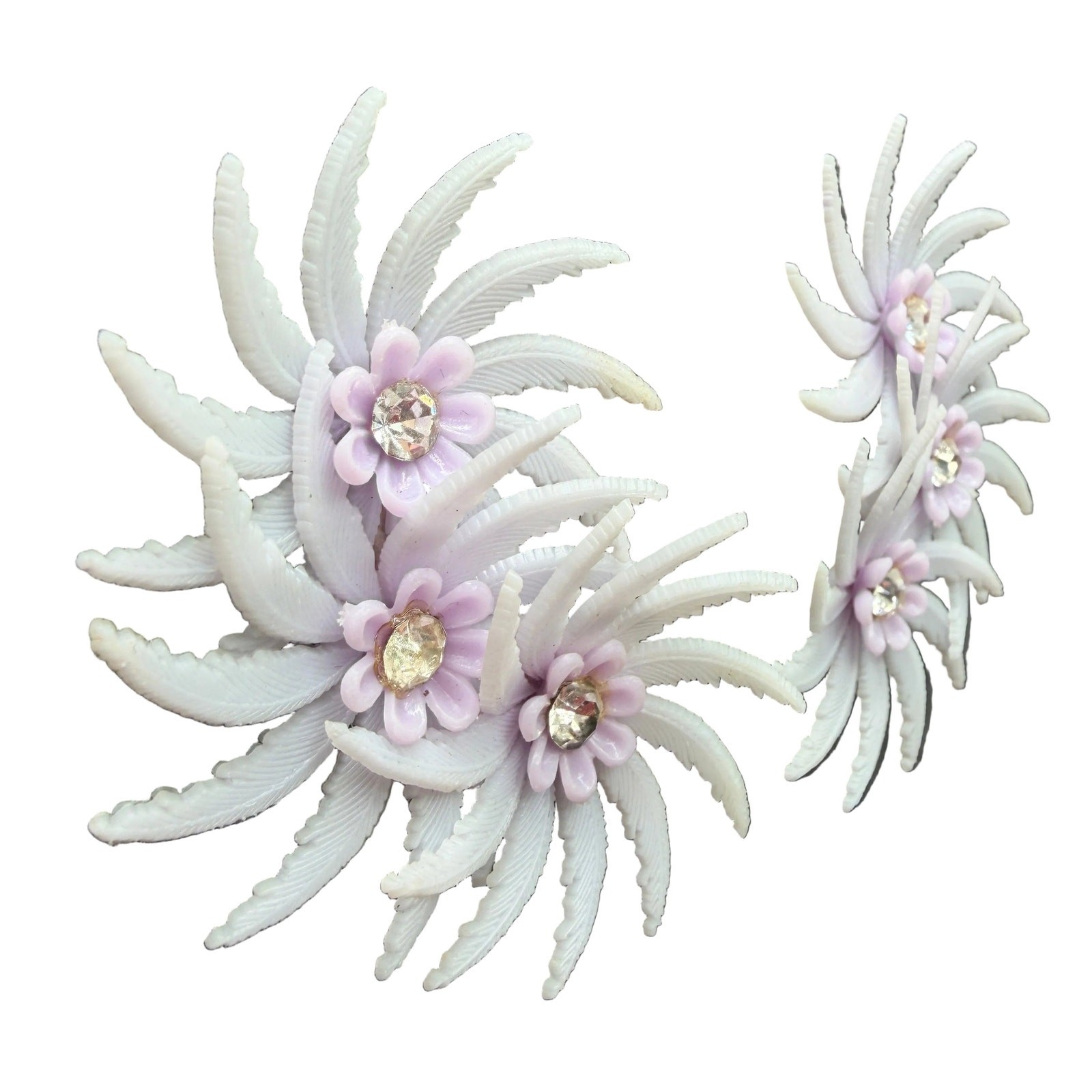 1950s Lavender Plastic Triple Floral Ear Climber Clip Earrings with Rhinestones