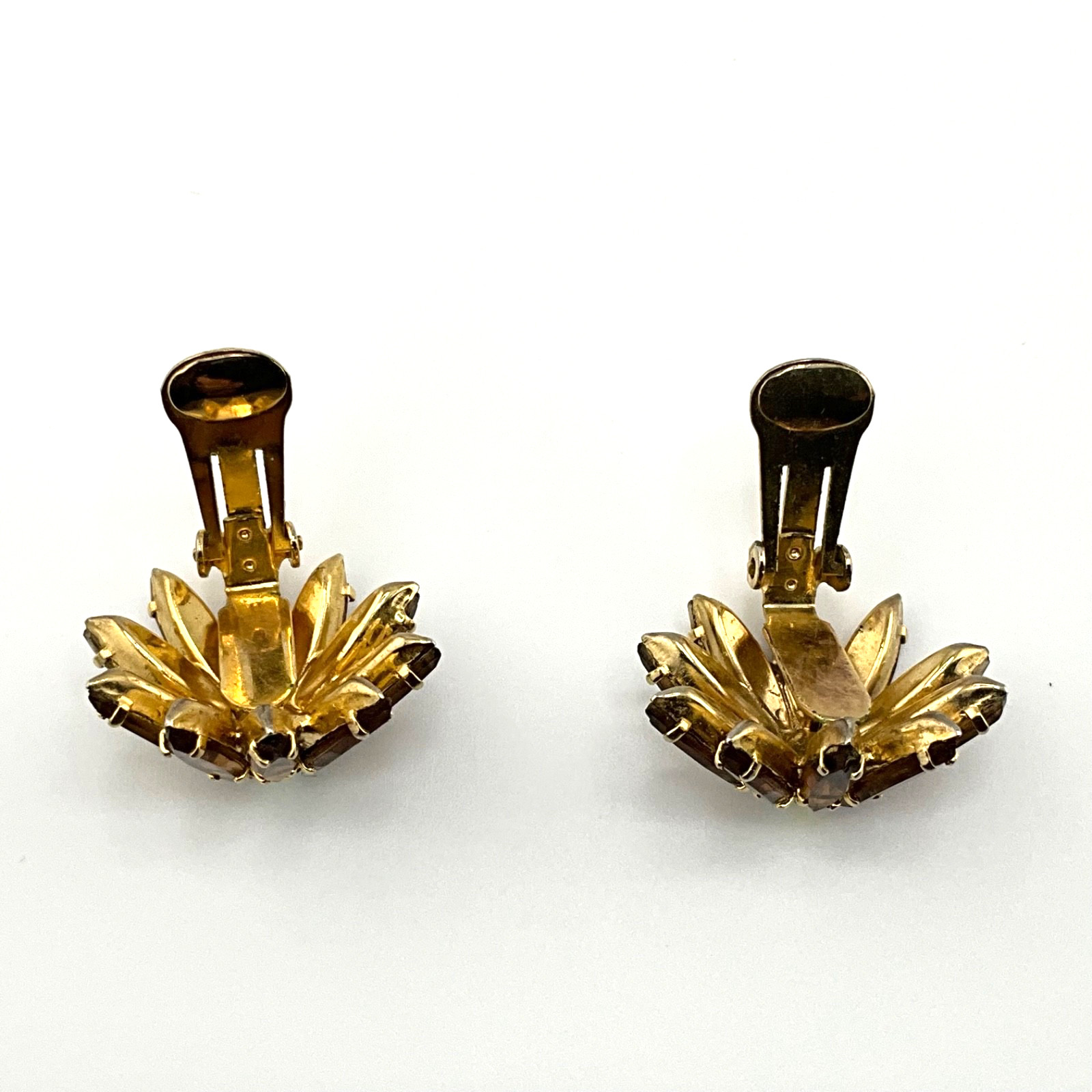 Vintage Mid Century Juliana Clip-On Earrings Navette Domed Amber AB Crystal
