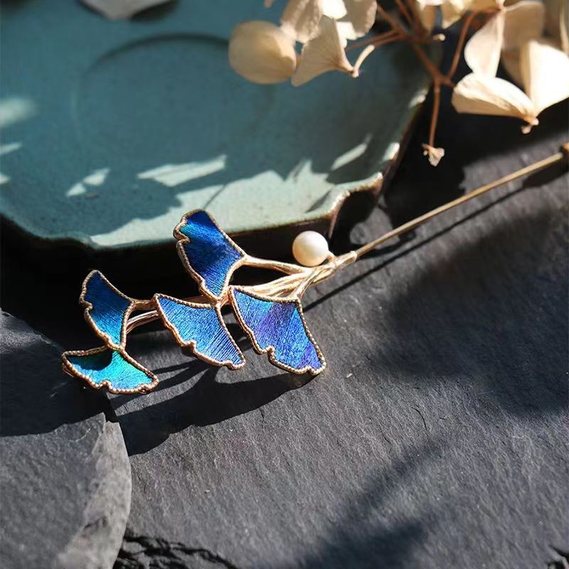 Ginkgo Leaf Design Pearl Enamel Chinese Style New Traditional Brooch