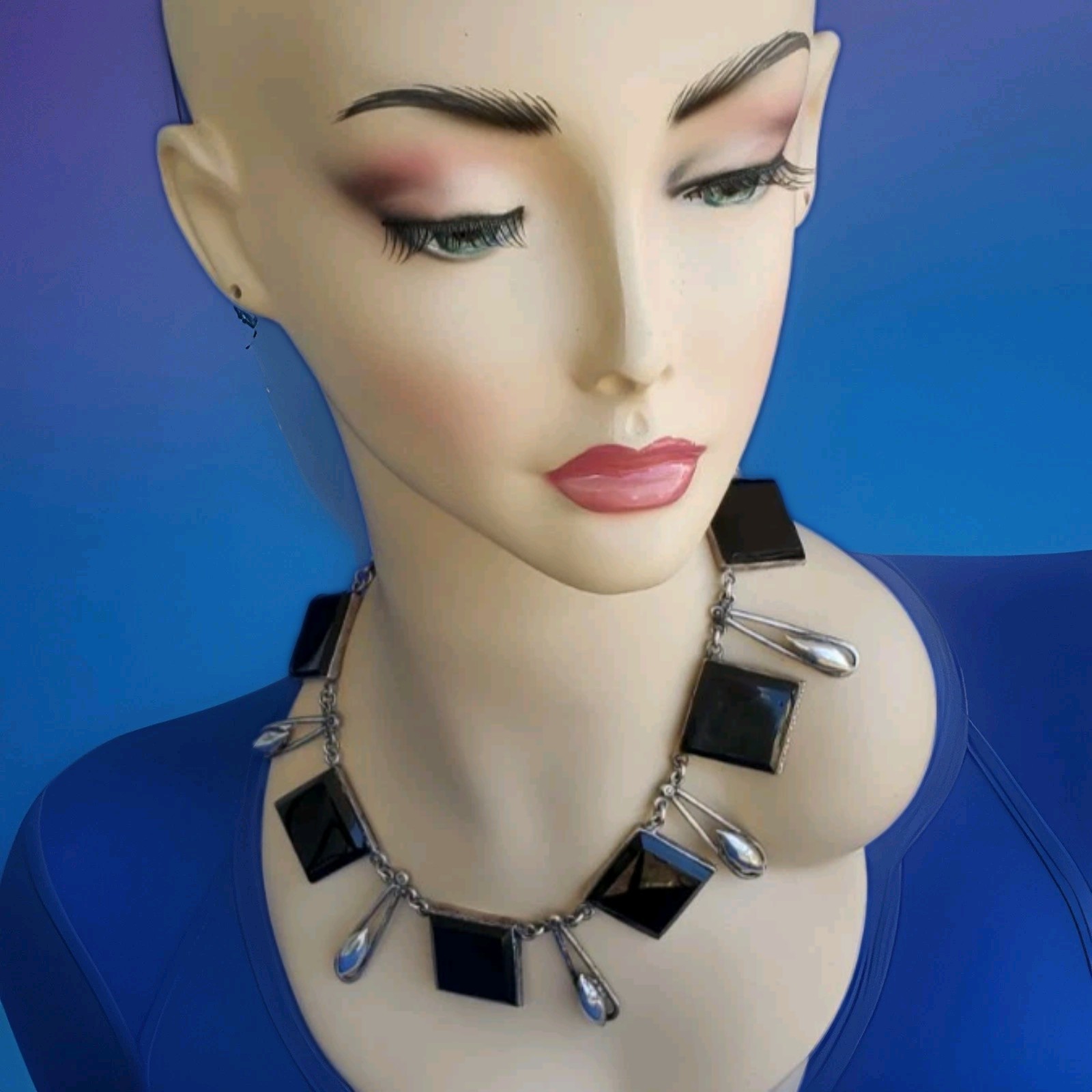 Original STERLING SILVER 925 Deco Onyx Modernist Necklace 186 Gr Vintage 18″ In