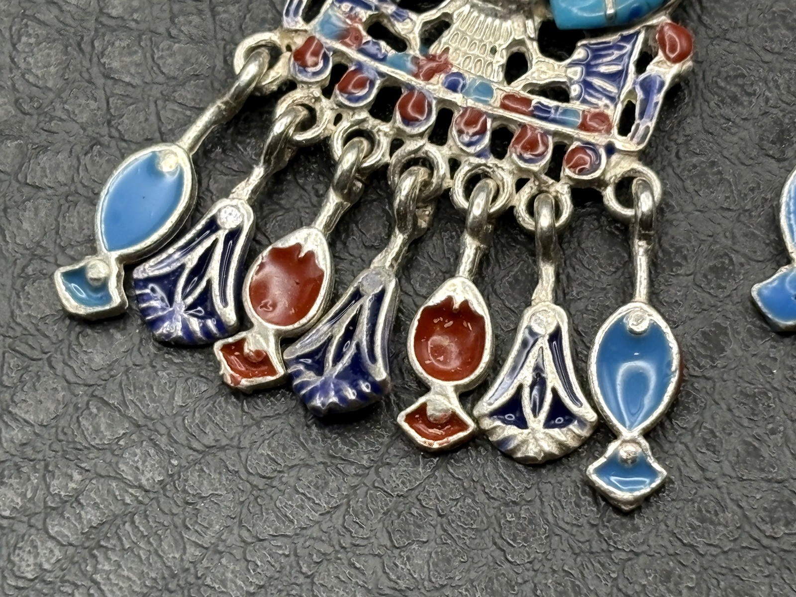 Sterling Silver Egyptian Revival Enamel Chandelier Earrings Scarab Hieroglyph