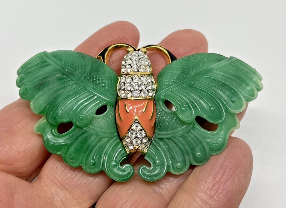 Vintage Signed Kenneth Jay Lane KJL Faux Carved Jade Butterfly Brooch Pin