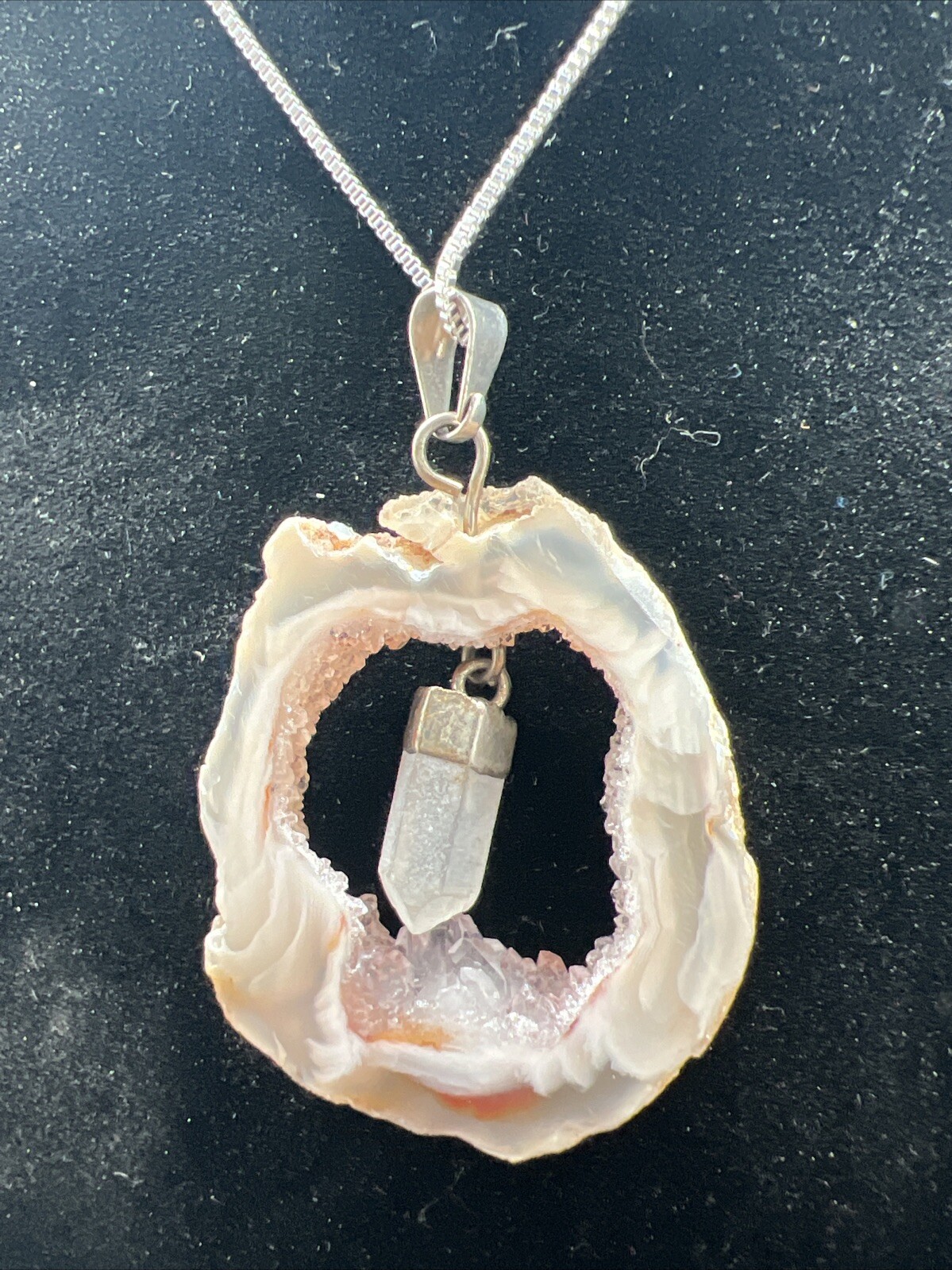 Vintage Druzy Quartz Sliced Pendant On 20″ Sterling Box Chain 10.9 Grams