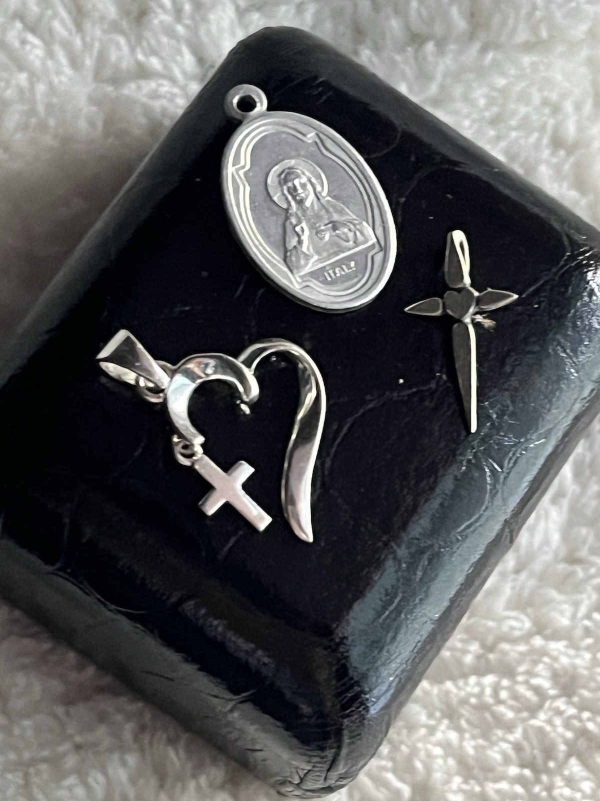 VINTAGE Religious Pendants Lot of 3 Cross Charms 1940-70 Christian Heart Medal