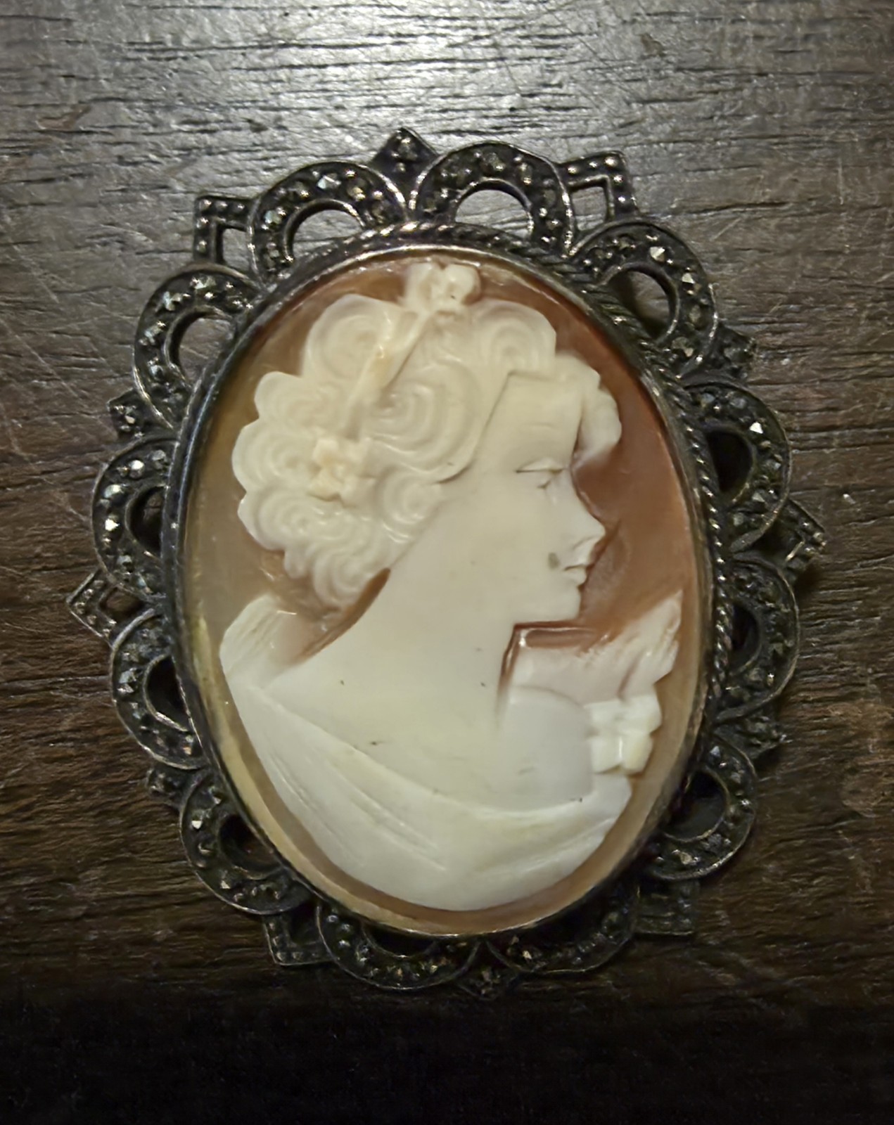 Vintage Sterling Silver Marcasite Shell Cameo Brooch Pin Carved Female Portrait