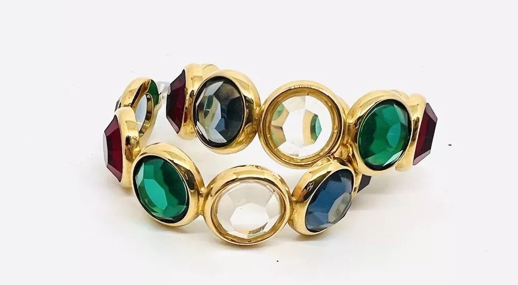 Large Multicolored Bezel Set Crystal Hoop Earrings Posts Vintage Jewelry