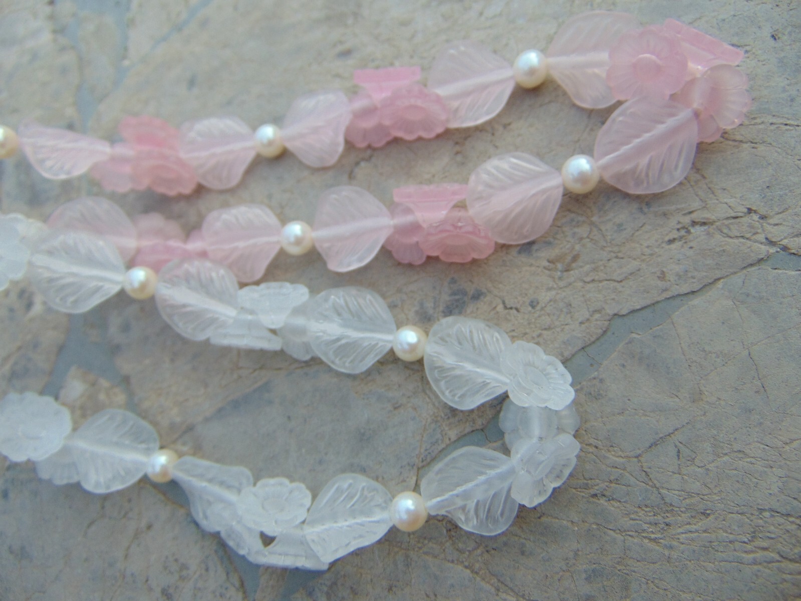 2 VINTAGE NECKLACES!~FROSTED PLASTIC FLOWERS, LEAVES, PEARLS~ GOLD BARREL CLASPS