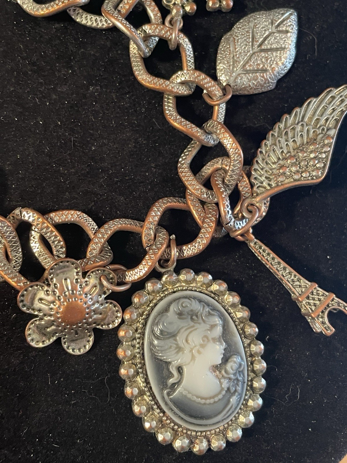 Vintage Gold & Silver Tone Cameo Charm Bracelet Adjustable Size Unknown Material