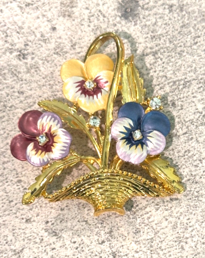 Vintage Guilloche Gold Tone & Enamel Basket of Pansy Flowers Pin Brooch Crystal