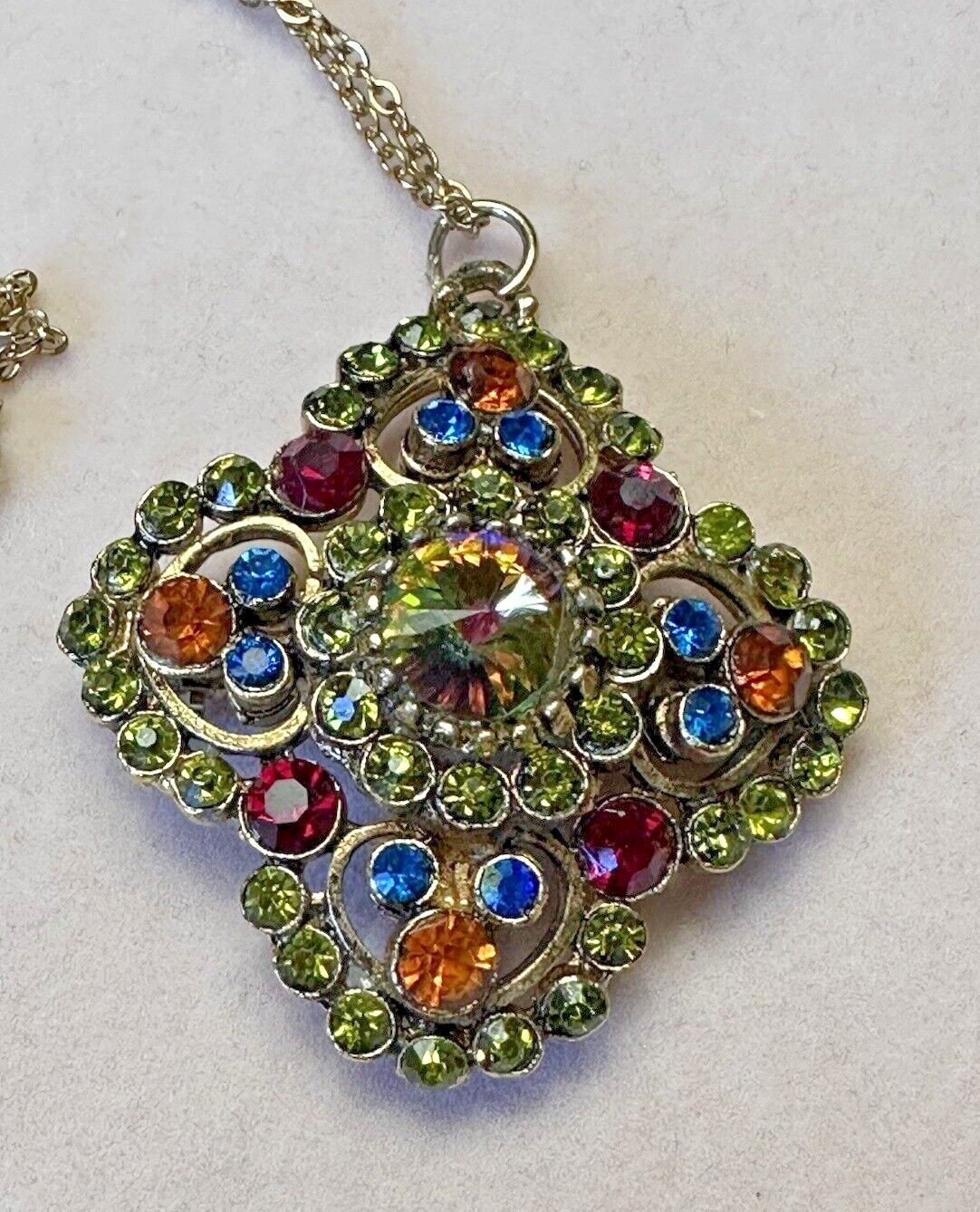 VTG EDLEE Gold Tone Watermelon & Multicolor Rhinestone Cross Brooch Pin Pendant