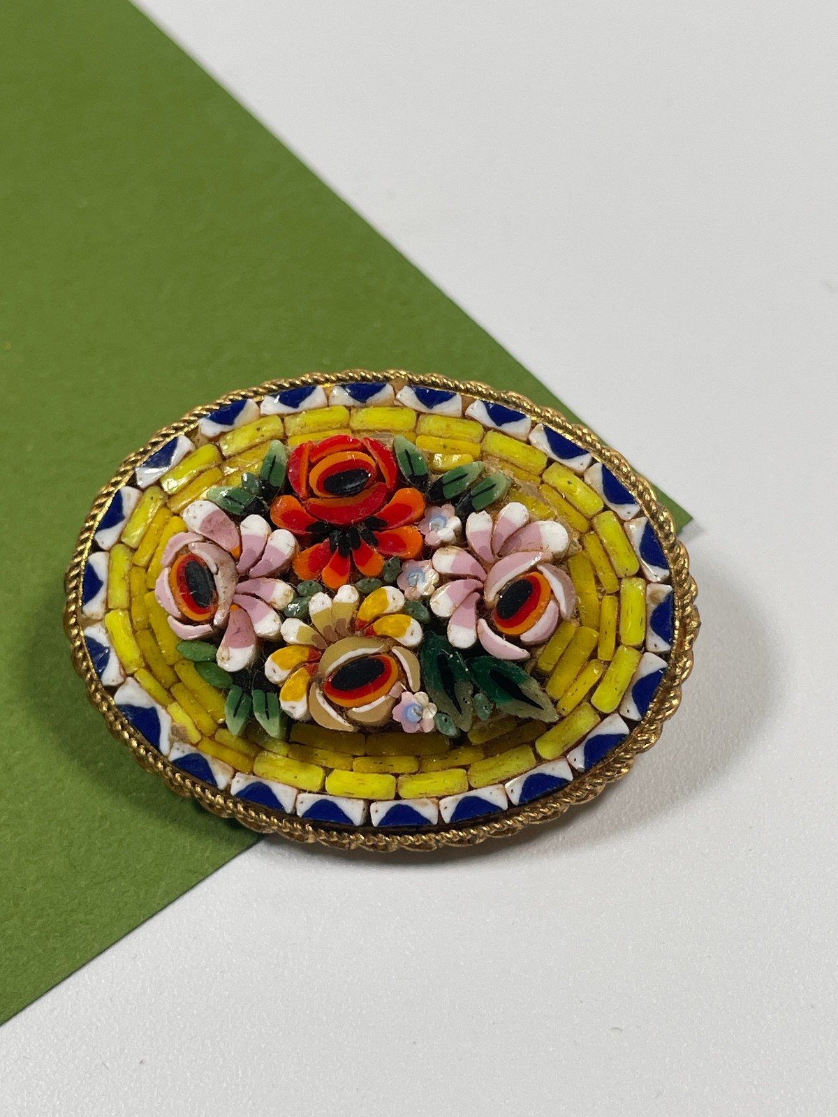 Vintage Italian Micro Mosaic Pin Brooch Flowers Roses Jewelry Italy