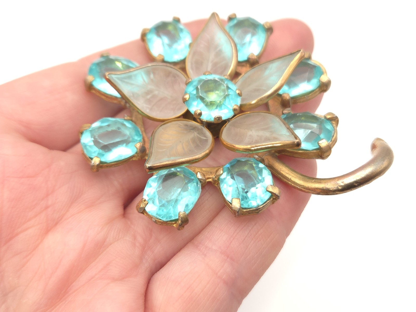 Vintage Art Deco Gold Gilt Aquamarine Blue Glass Paste Stone Flower Brooch Pin