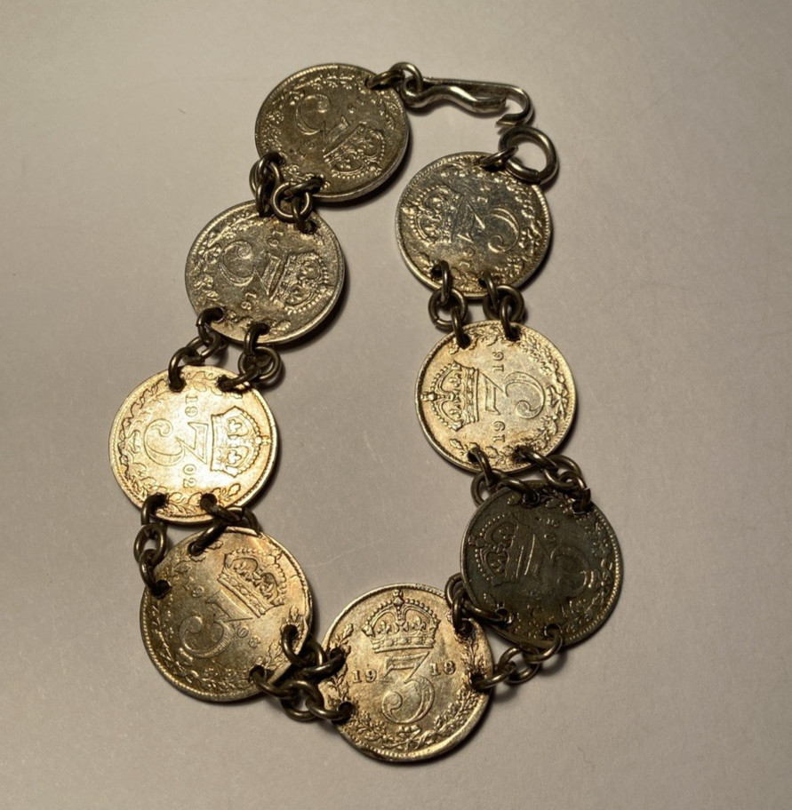1902-1921 Kings George & Edward Sterling 3 Pence Coin Bracelet