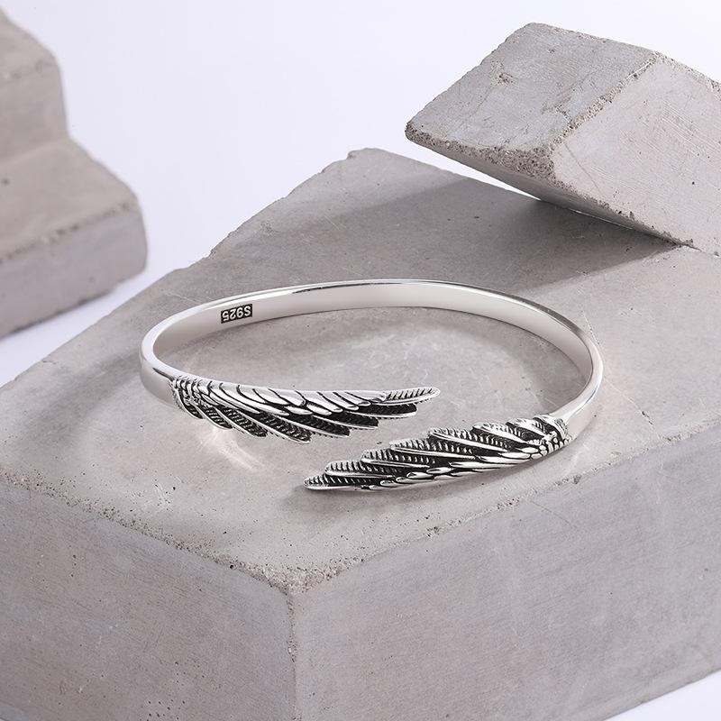 Retro Feather 925 Sterling Silver Open Bracelet, Thai Style Trendy Wings Design