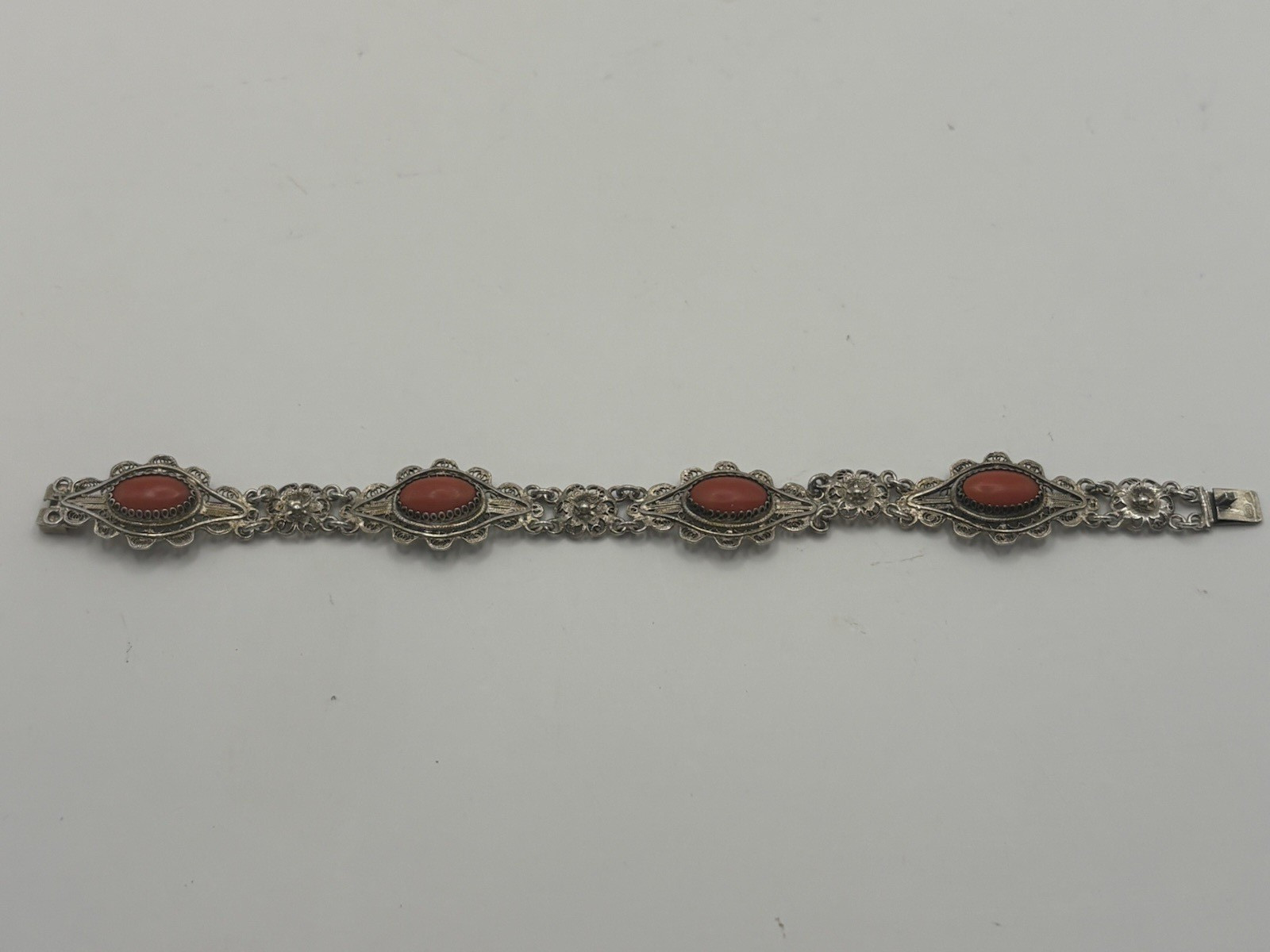 Antique 800 Silver Filigree Bracelet with Coral Cabochons 7 1/2″ Signed Etruscan