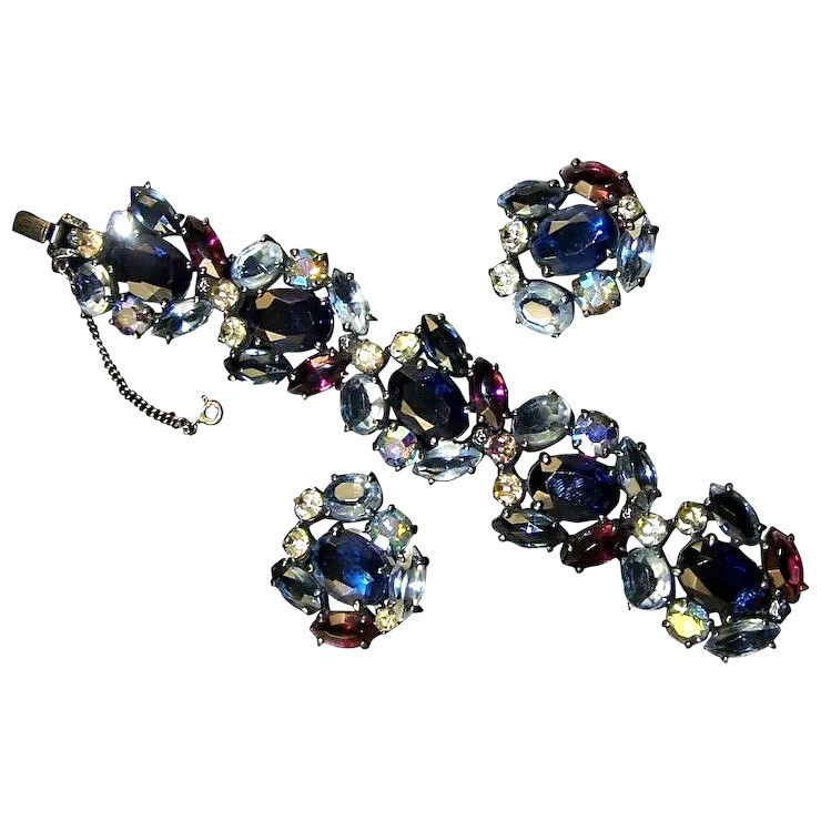 SCHIAPARELLI Sapphire Amethyst Aurora Borealis Crystals Bracelet & Clip Earrings
