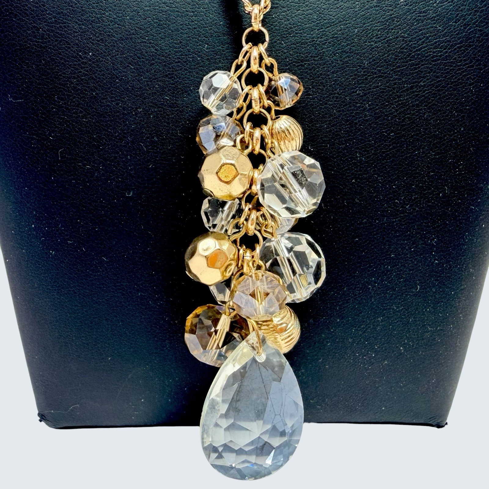Vtg Clear Acrylic Cluster Gold Tone Beads Teardrop Long Pendant Necklace
