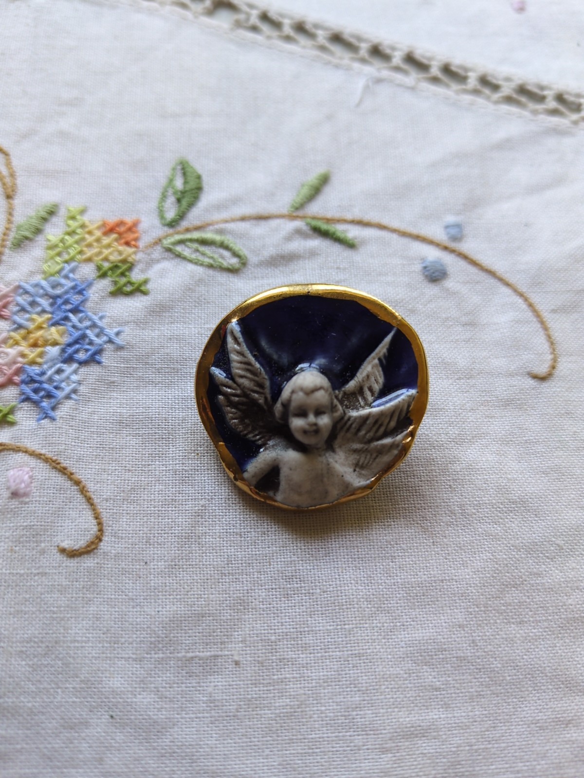 Brooke Andrews Handmade Cherub Angel Ceramic Pendant/ Brooch, Gold Trim
