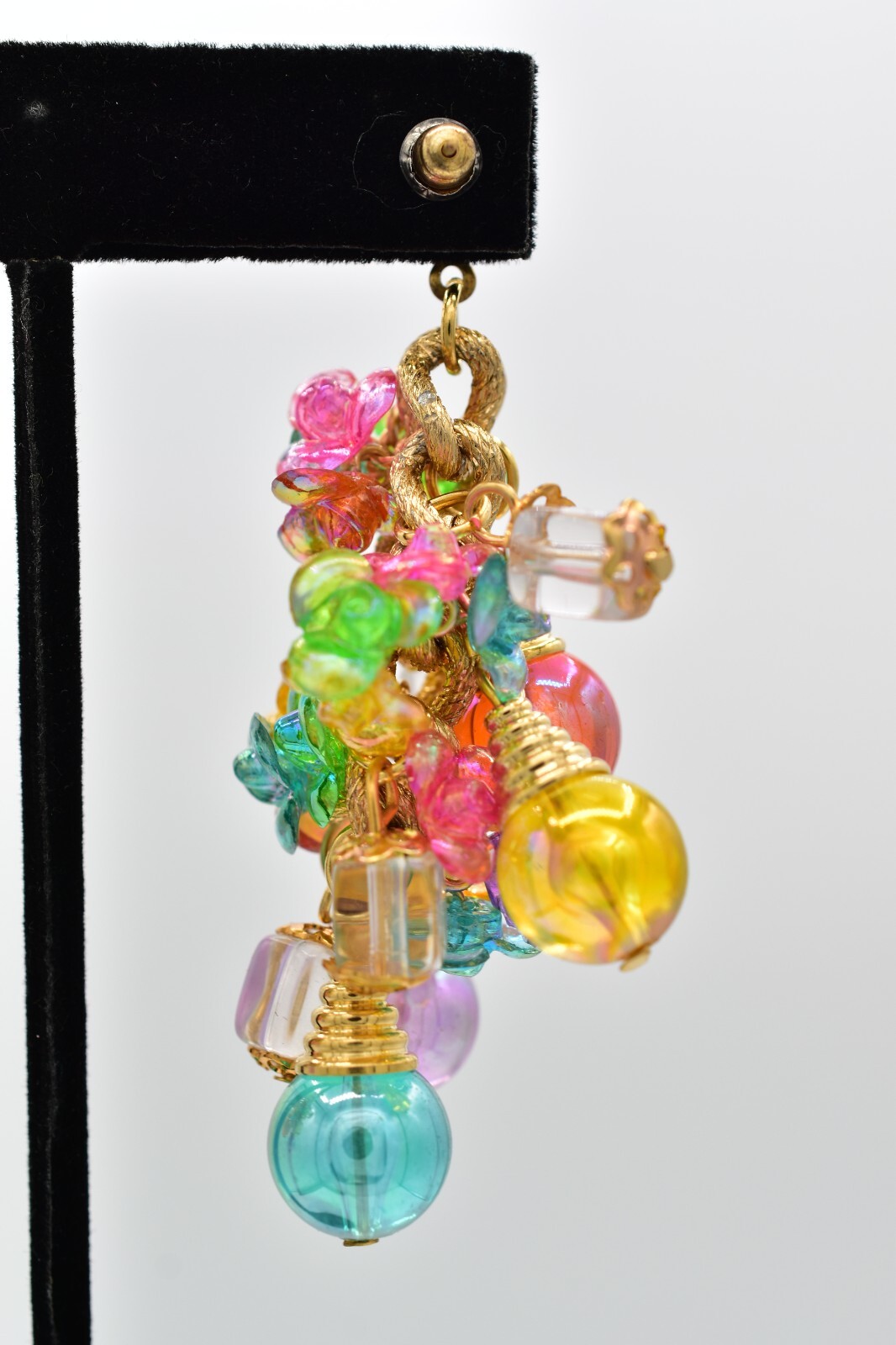 Vintage Ornament Beaded Dangle Earrings Chain Multi-Color Lucite Chunky NOS A28