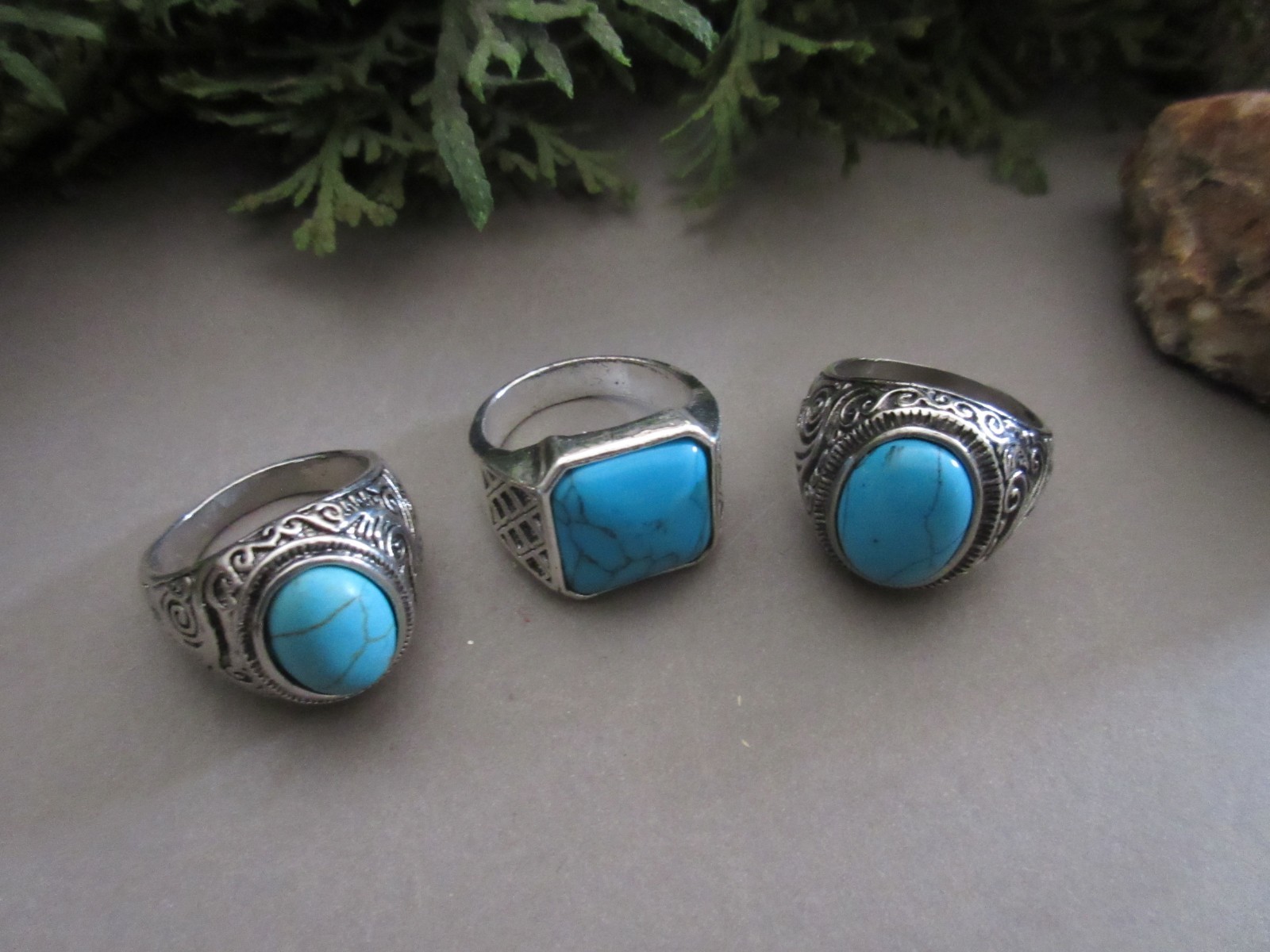 Mens Silver Tone & Turquoise Chunky Fashion Rings Large Assorted Sizes Lot of 3