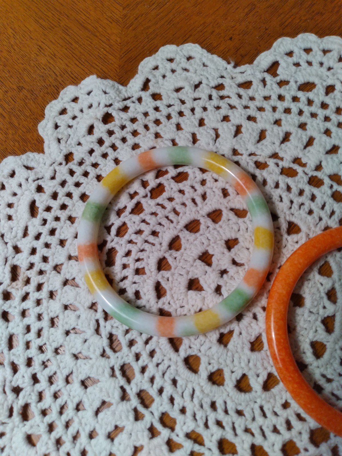 Vintage Glass Bangle Bracelets Set of Two Faux Jade Orange Green yellow