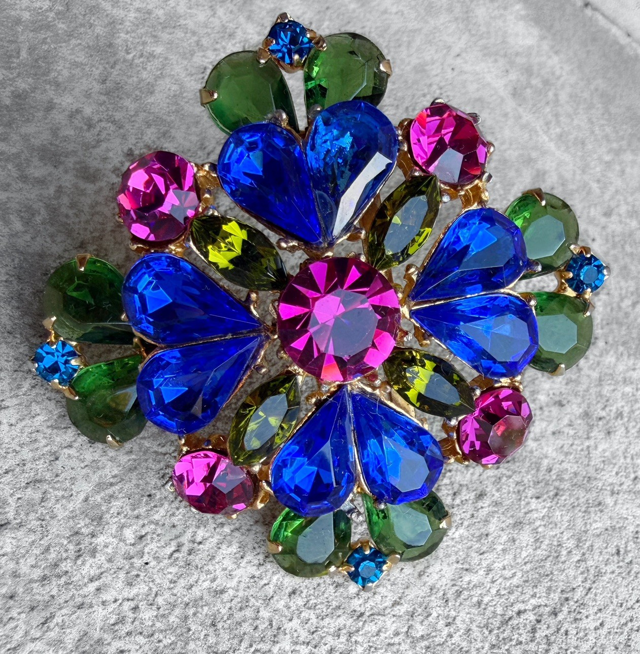 Vibrant Vintage Signed Edlee Rhinestone Maltese Cross Brooch Blue Pink Green