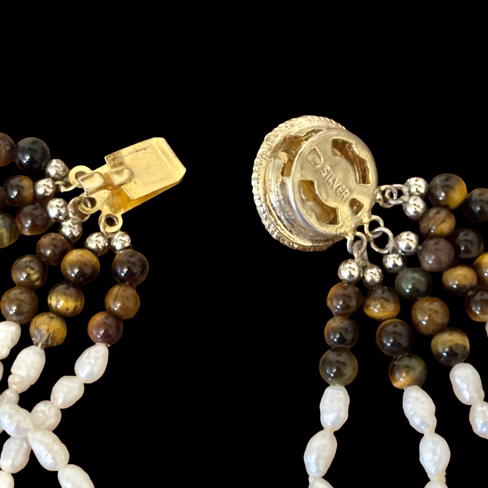 Vtg Multi-Strand Rice Pearl & Tiger’s Eye Necklace Bracelet Set Silver Clasp