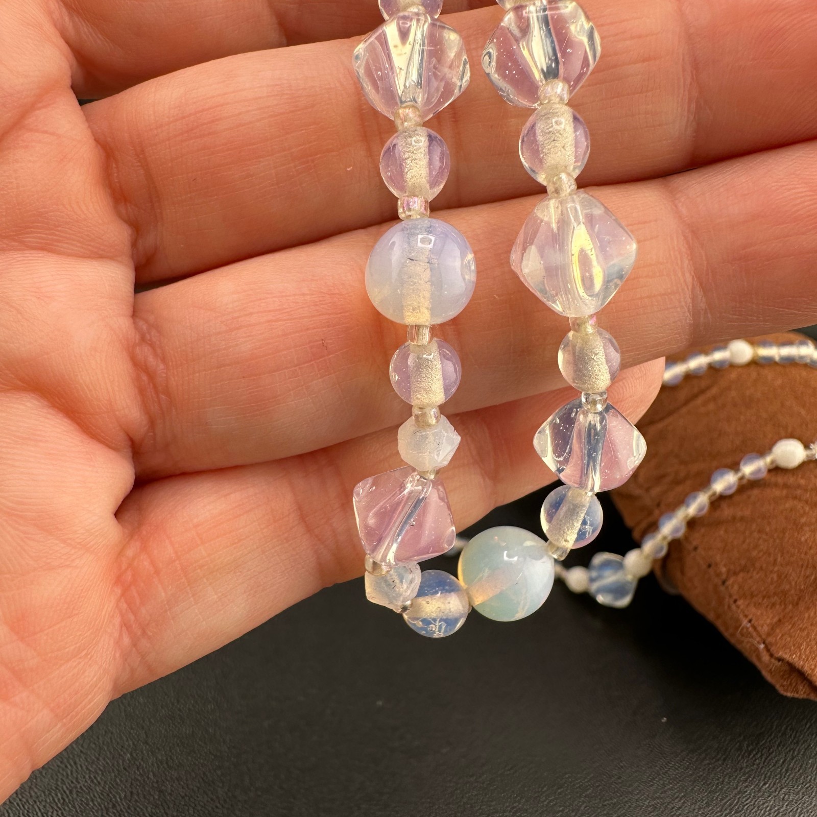 Vintage Opalite Glass Bead Necklace 31″ Faceted Round Hook Clasp Adjustable