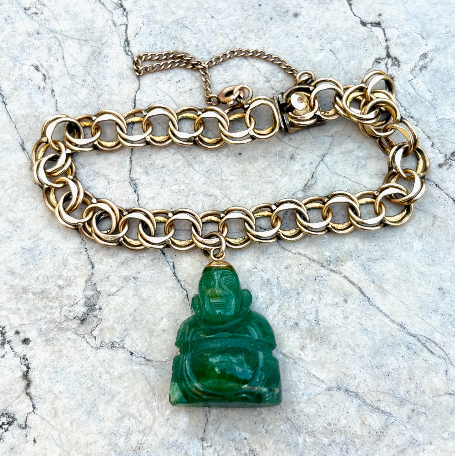 Vintage Double Link 12K 1/20 Gold Filled Green Carved Stone Charm Bracelet