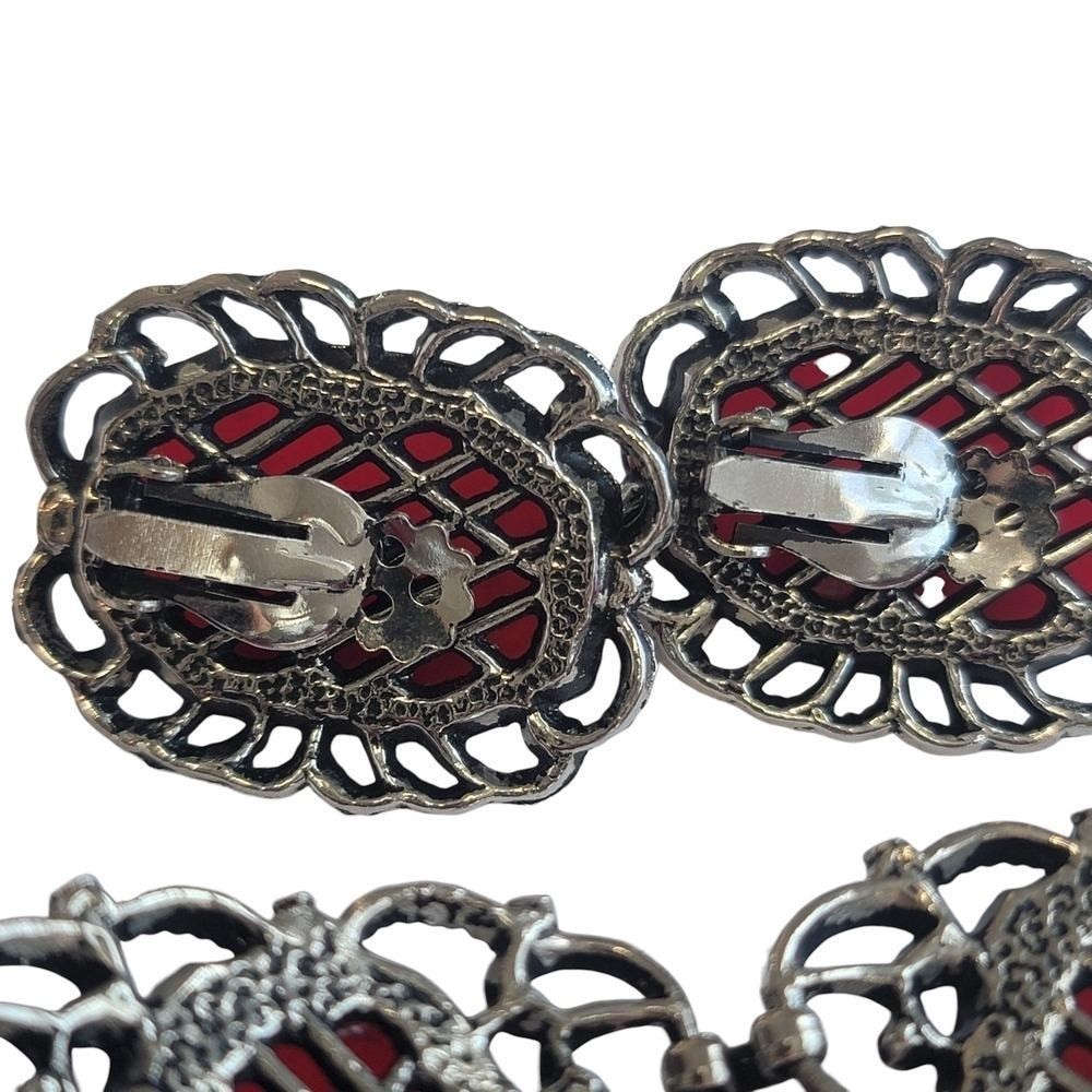 Vintage Red Cabochon Panel Bracelet & Clip Earrings Set Silver Tone Filigree