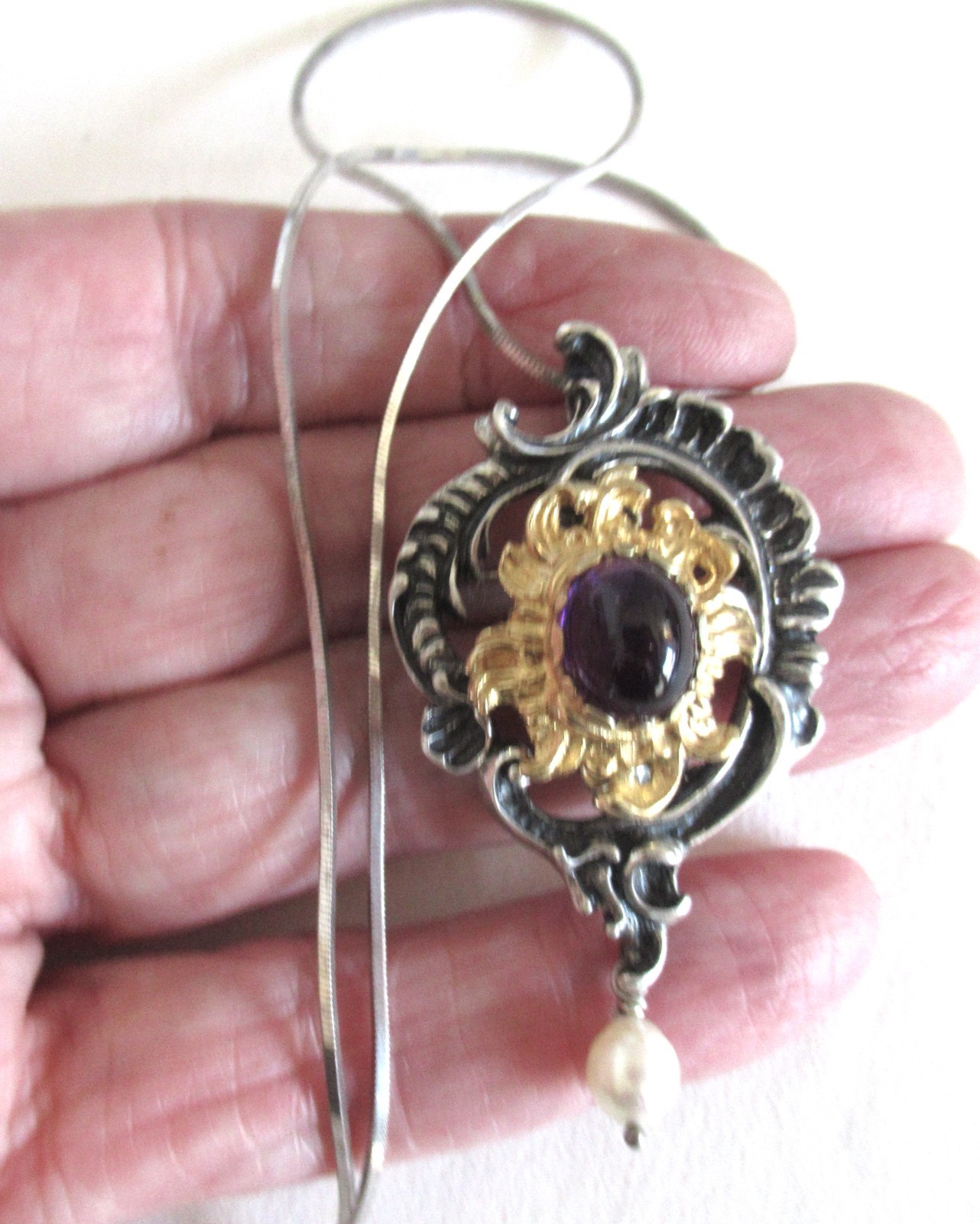 VINTAGE EUROPE 835 STERLING & GOLD PENDANT NECKLACE 2.10 INCHES AMETHYST & PEARL