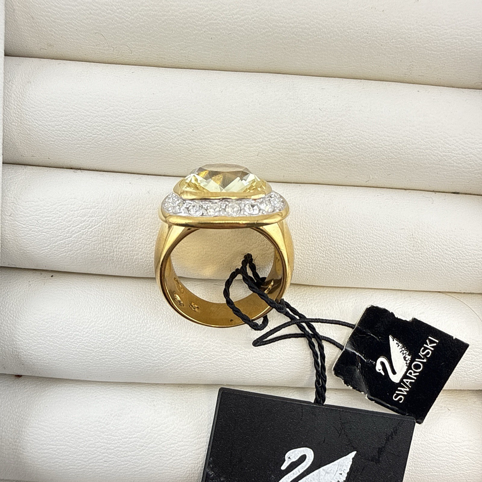 Swarovski Ring Swan Signed Sterling Silver Cocktail Yellow 5 Halo Gold Plated