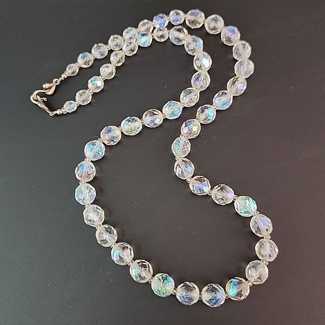 Vintage AB Glass Beaded Necklace Round Faceted Aurora Borealis 24″