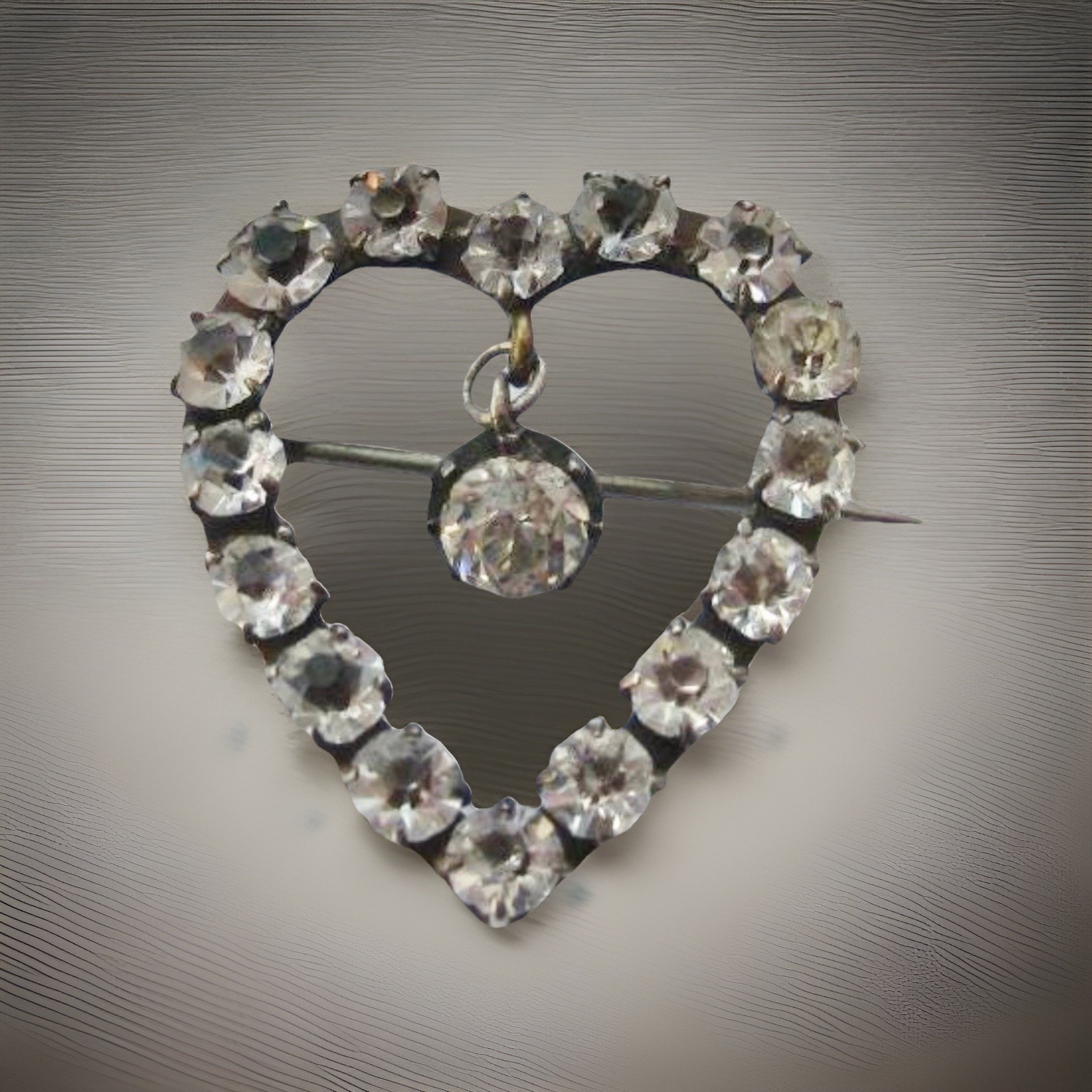 Antique Victorian Clear Paste Stones Heart Silver Brooch & Paste Dangle Center
