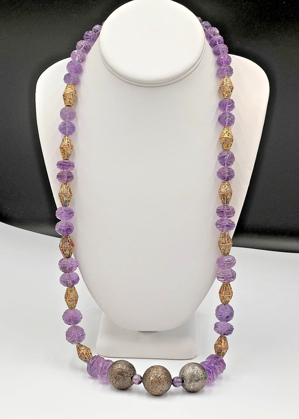 Vtg Chinese Carved Amethyst Bead & Gold Cloisonne Necklace, 168 grams, 30″ Long