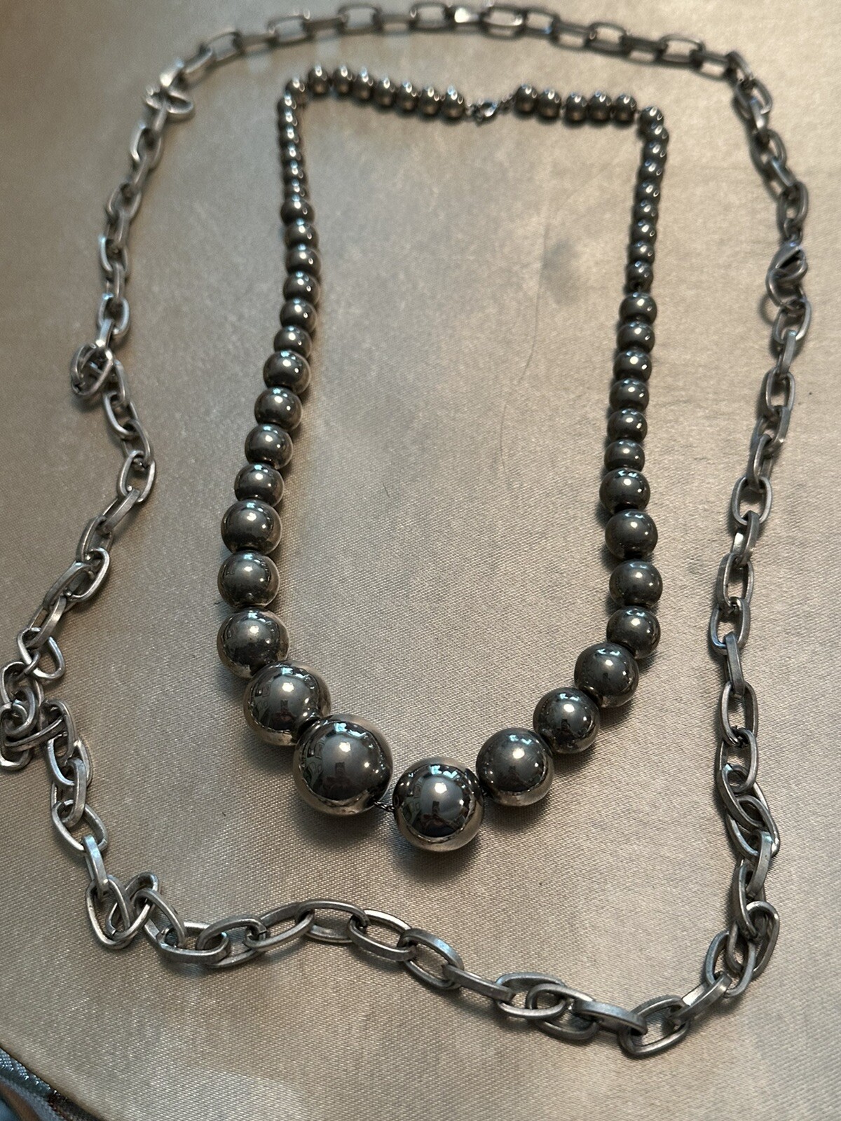 2 VTG SILVER TONE METAL NECKLACES -1 16” Beaded & 1 30”Link – COSTUME JEWELRY