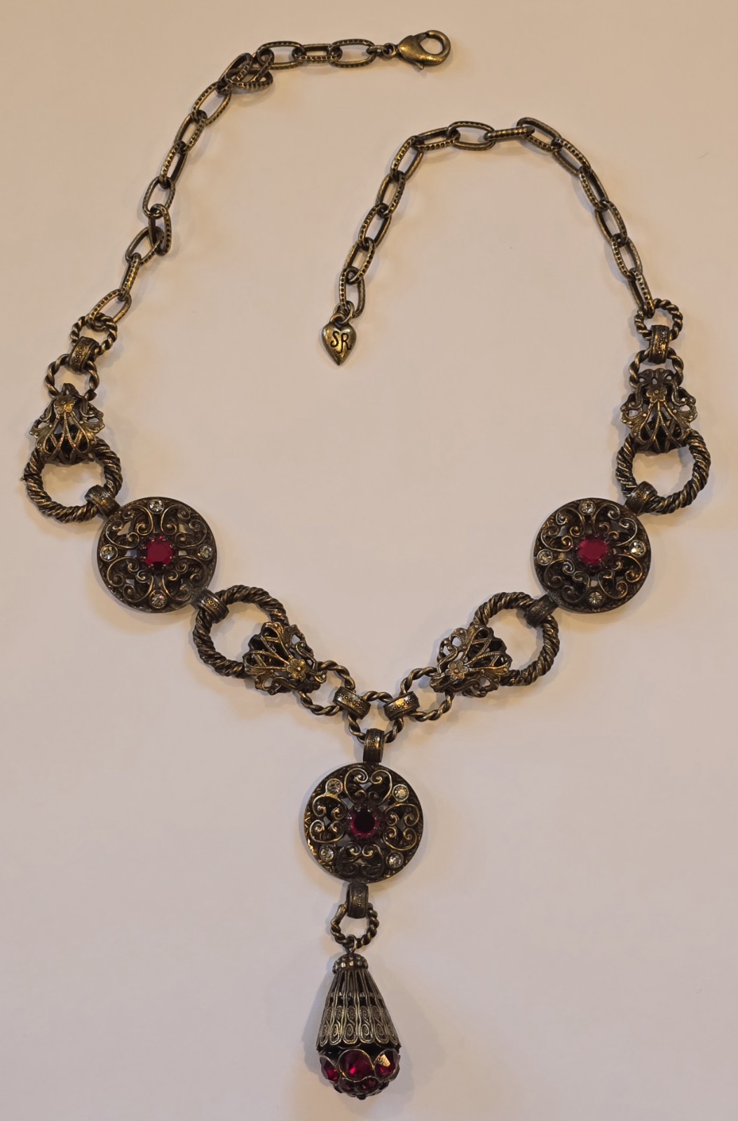 Vintage Sweet Romance Red & White Crystal Gold Tone Necklace 19″