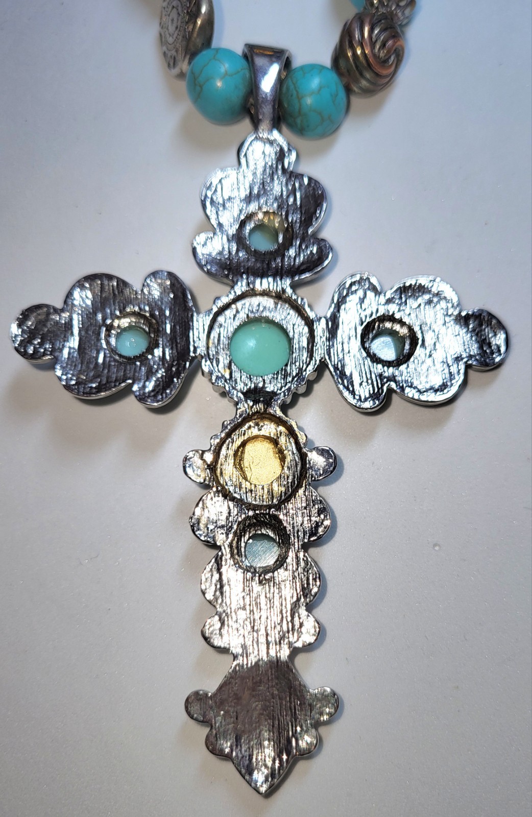 Faux Turquoise Cross Statement Necklace 17″ + Extender Very Good Condition