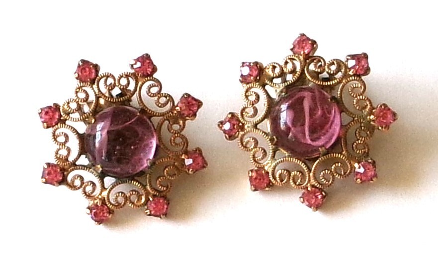 Vintage Weiss Signed Earrings Cip On Pink Rhinestone Filigree